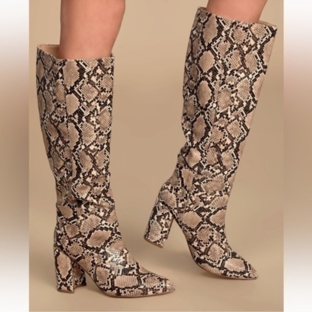 Lulus Katari Tan Snake Pointed-Toe Knee High
Boots 6.5
